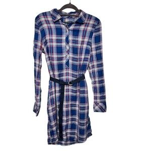 Tommy Hilfiger Shirtdress Womens Small  Plaid Belted Long Sleeve Blue Flannel